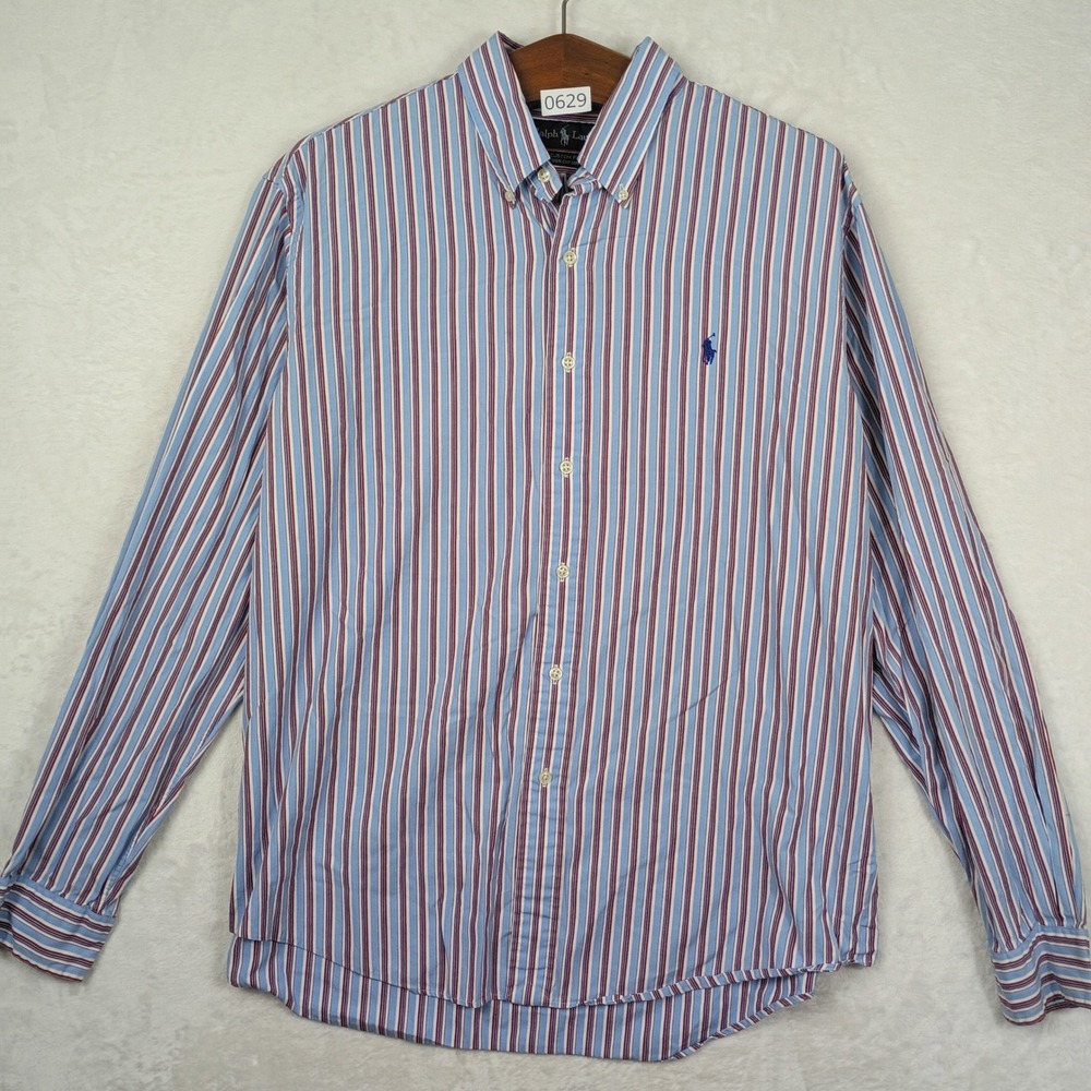 Ralph Lauren Button Down Shirt Men XL Blue Red Striped Cotton Custom Fit Y2K 90s